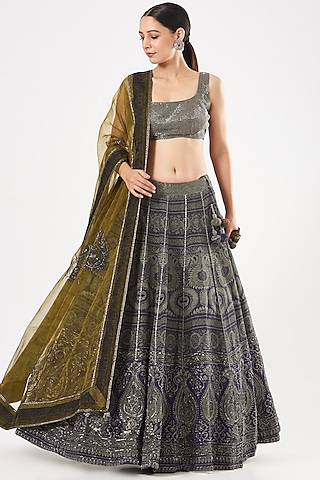 Navy Blue Silk Crepe Printed Lehenga Set by Kartikeya
