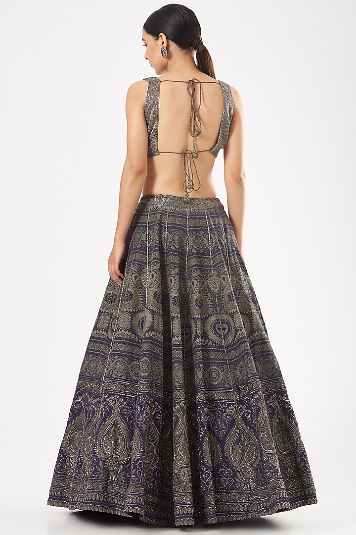 Navy Blue Silk Crepe Printed Bridal Lehenga Set by Kartikeya at Pernia's Pop Up Shop