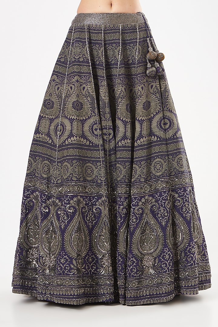 Navy Blue Silk Crepe Printed Bridal Lehenga Set by Kartikeya at Pernia's Pop Up Shop