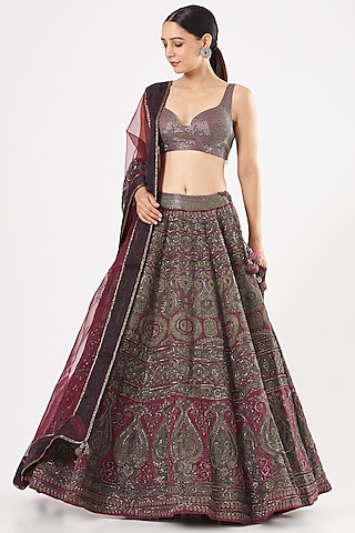 Maroon Embroidered Lehenga Set by Kartikeya