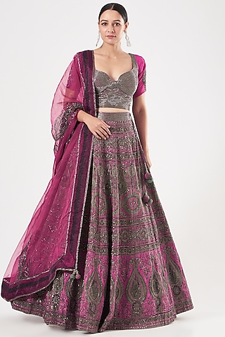 Fushia Pink Printed Lehenga Set by Kartikeya
