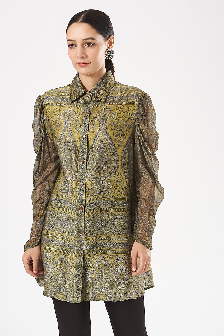 Ochre Yellow Printed Shirt by Kartikeya at Pernia's Pop Up Shop