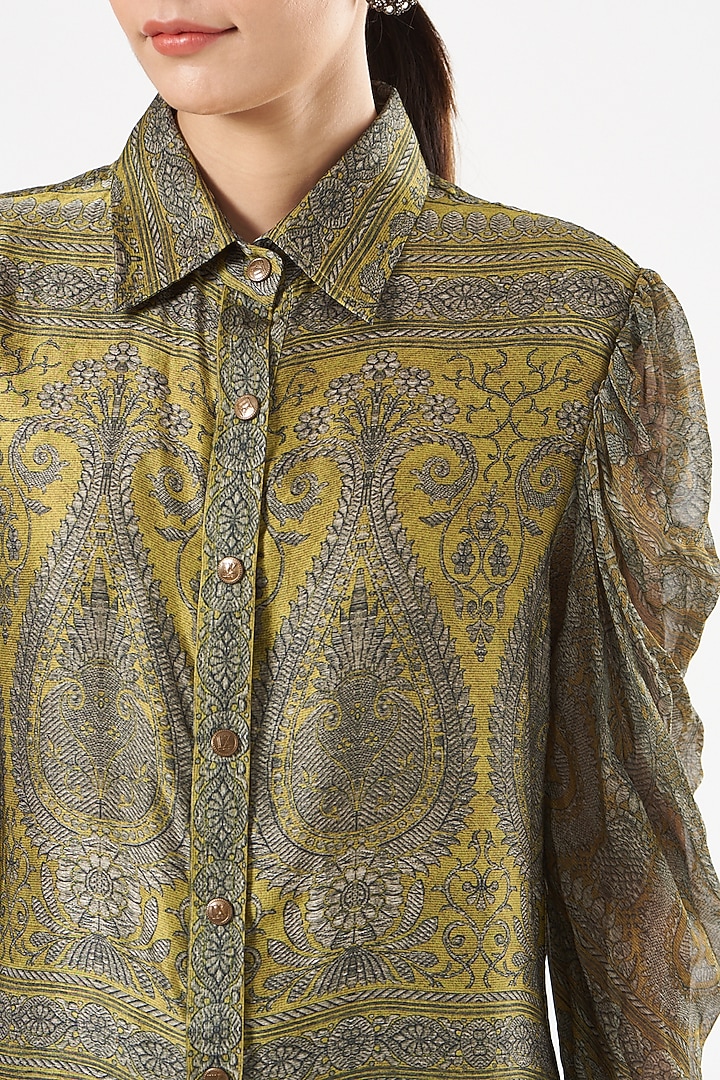 Ochre Yellow Printed Shirt by Kartikeya at Pernia's Pop Up Shop