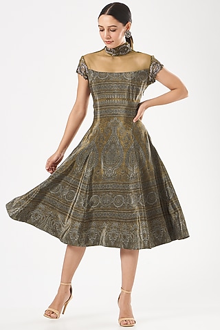 Mustard Embroidered Midi Dress by Kartikeya