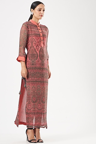 Peach Digital Printed Kurta by Kartikeya
