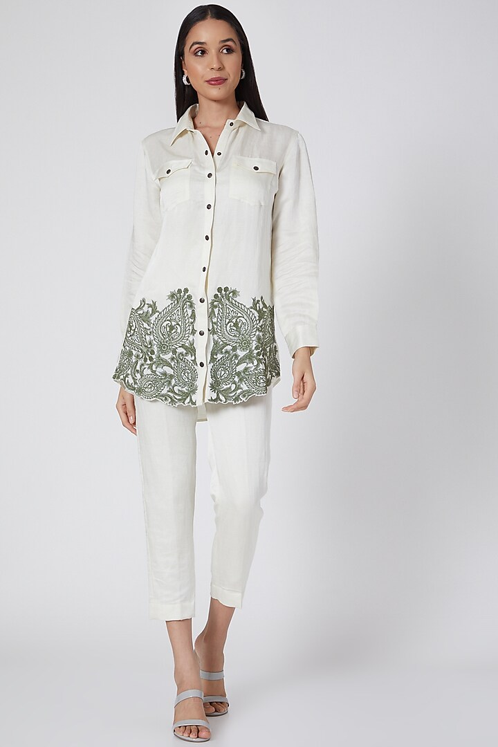 Ivory & Sage Green Shirt With Thread Work by Kartikeya at Pernia's Pop Up Shop