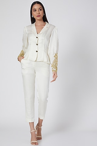 Ivory & Mustard Peplum Blouse With Thread Work by Kartikeya
