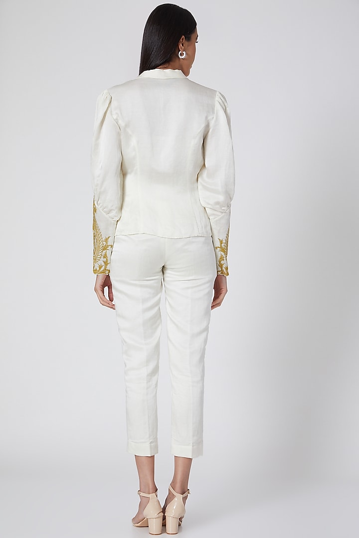Ivory & Mustard Peplum Blouse With Thread Work by Kartikeya at Pernia's Pop Up Shop