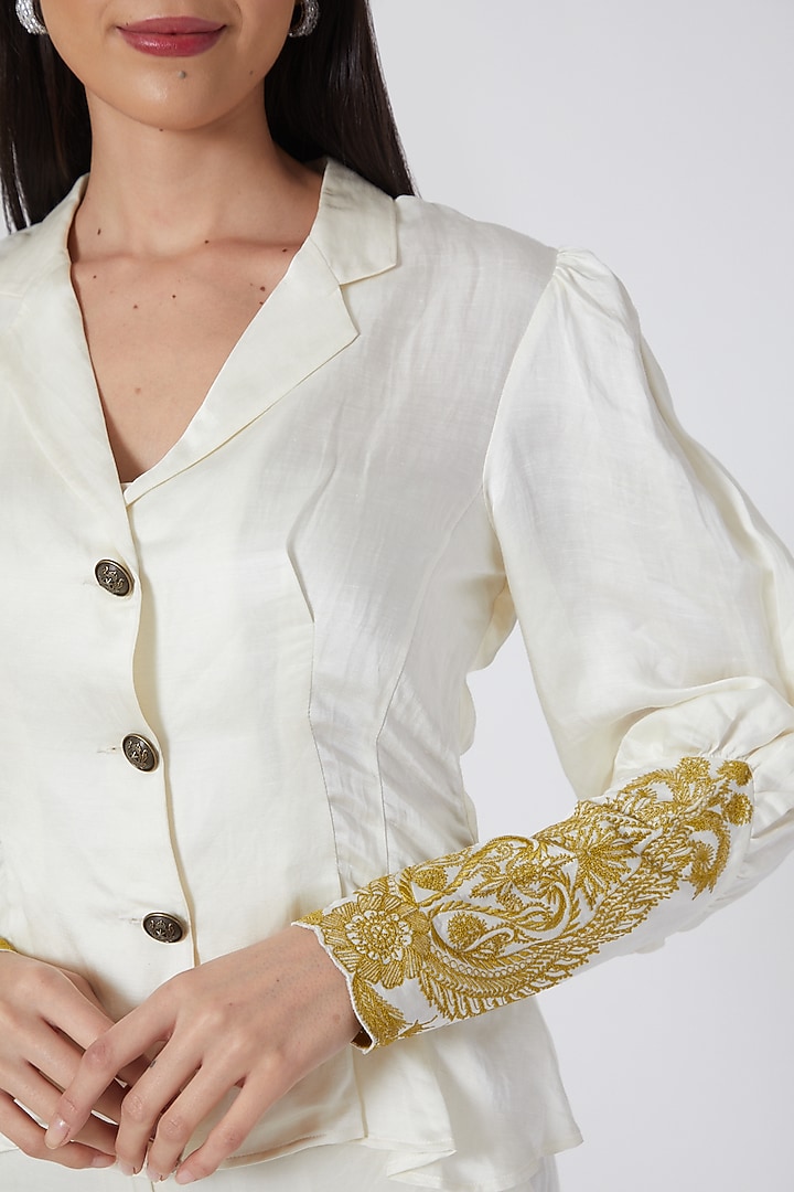 Ivory & Mustard Peplum Blouse With Thread Work by Kartikeya at Pernia's Pop Up Shop