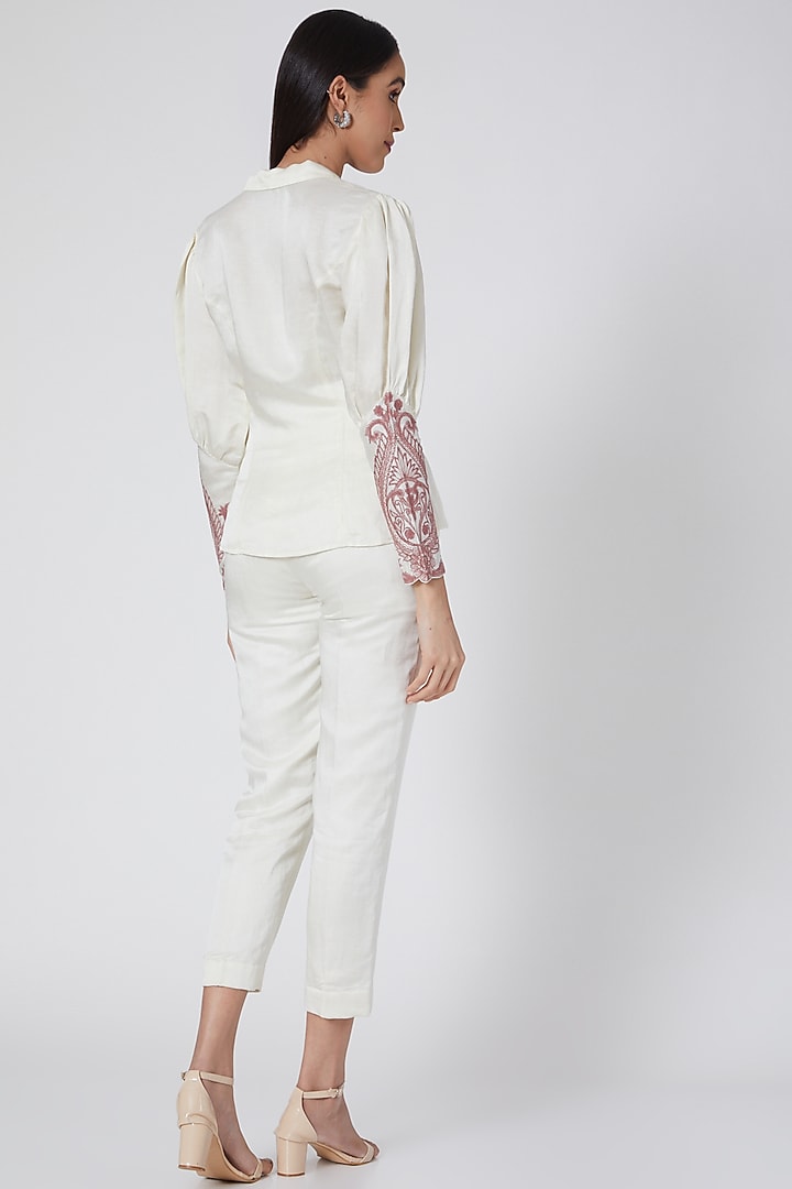 Ivory & Dusty Rose Pink Peplum Blouse With Thread Work by Kartikeya at Pernia's Pop Up Shop