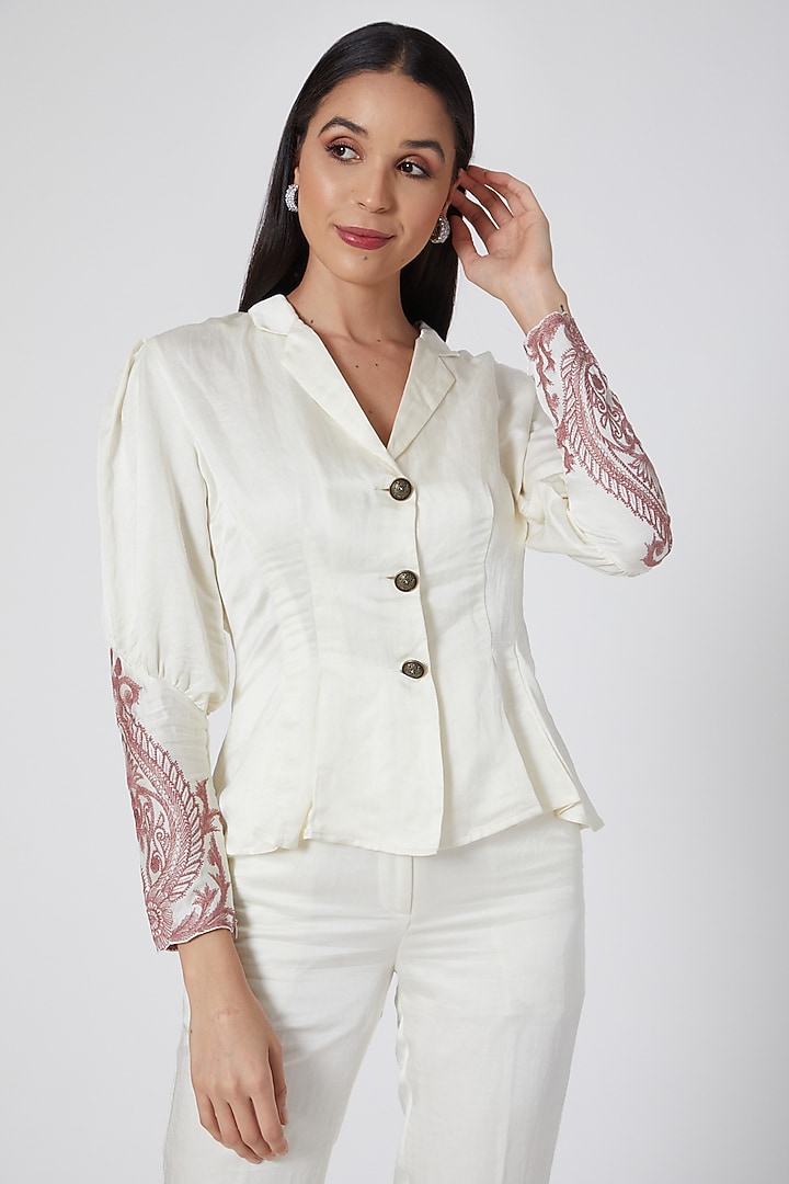 Ivory & Dusty Rose Pink Peplum Blouse With Thread Work by Kartikeya at Pernia's Pop Up Shop