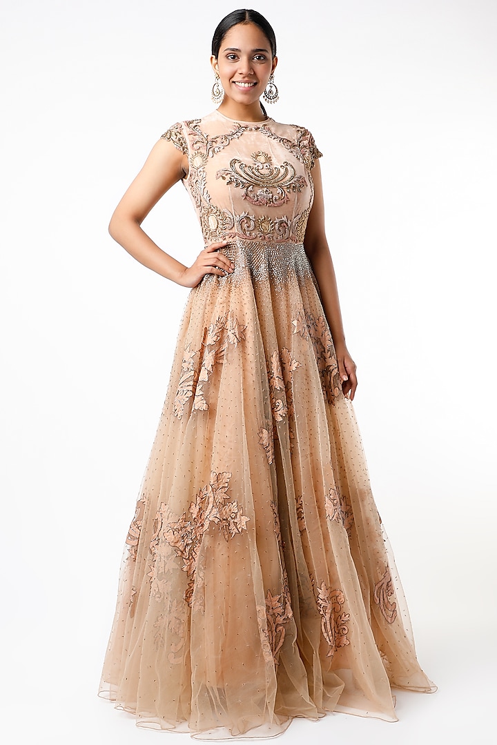 Peach & Silver Applique Embroidered Gown by Kartikeya