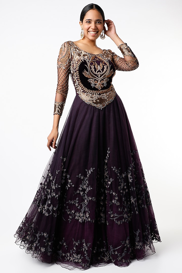 Purple & Copper Applique Embroidered Gown by Kartikeya