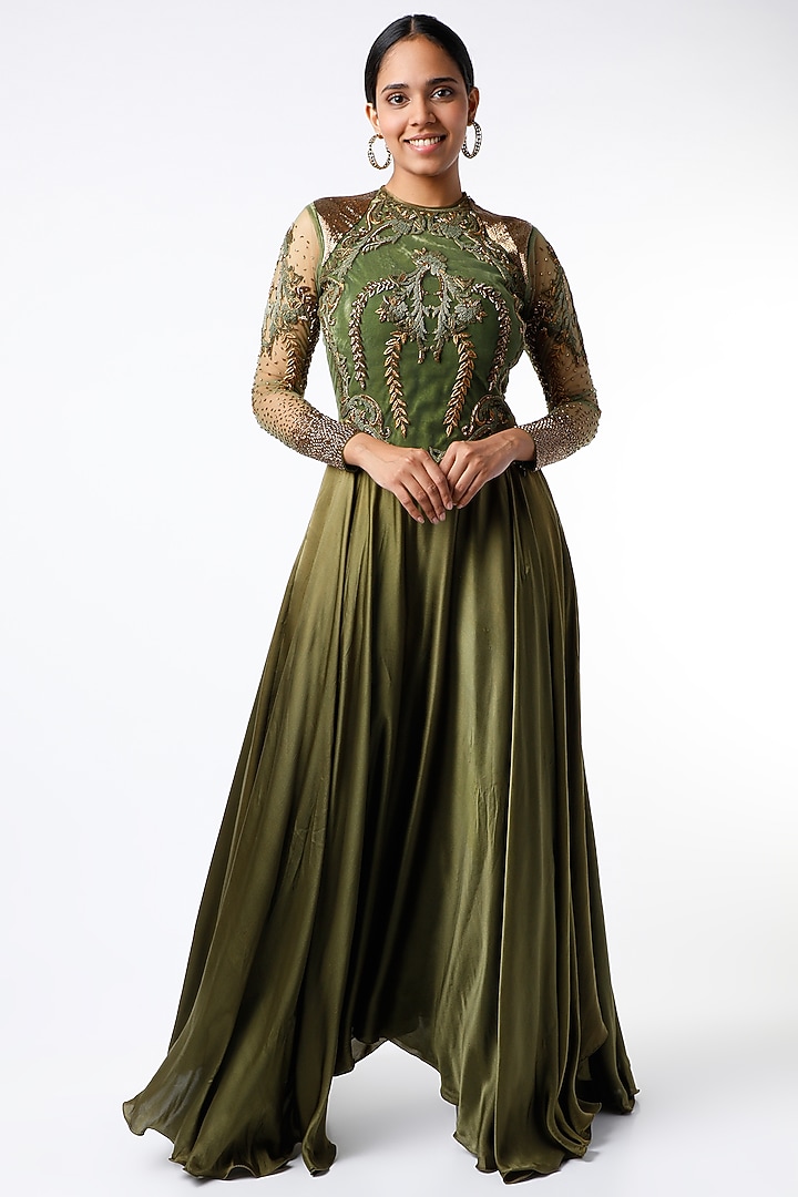 Pista Green Zardosi Embroidered Gown Design by Kartikeya at Pernia's