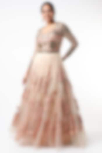 Soft Coral Tulle Gown With Dori Work by Kartikeya