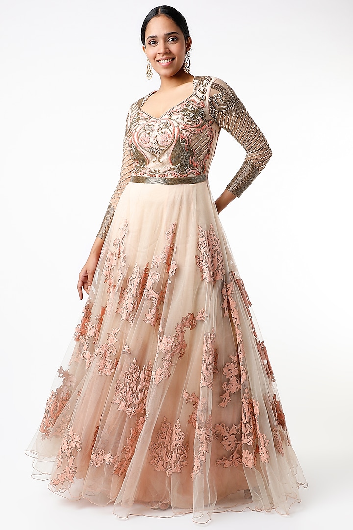 Soft Coral Tulle Gown With Dori Work by Kartikeya