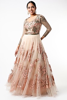 Soft Coral Tulle Gown With Dori Work by Kartikeya-POPULAR PRODUCTS AT STORE