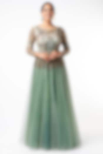 White & English Green Zardosi Embroidered Gown by Kartikeya at Pernia's Pop Up Shop