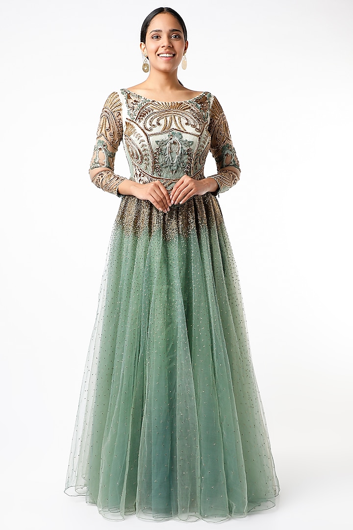 White & English Green Zardosi Embroidered Gown by Kartikeya at Pernia's Pop Up Shop