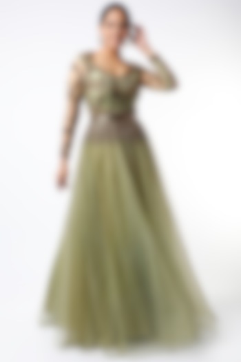 Pista Green & Gold Gown With Pipe Work by Kartikeya at Pernia's Pop Up Shop