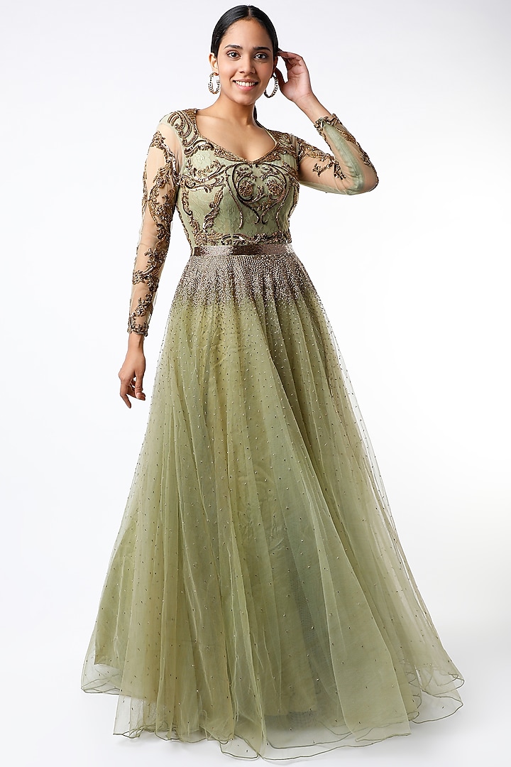 Pista Green & Gold Gown With Pipe Work by Kartikeya