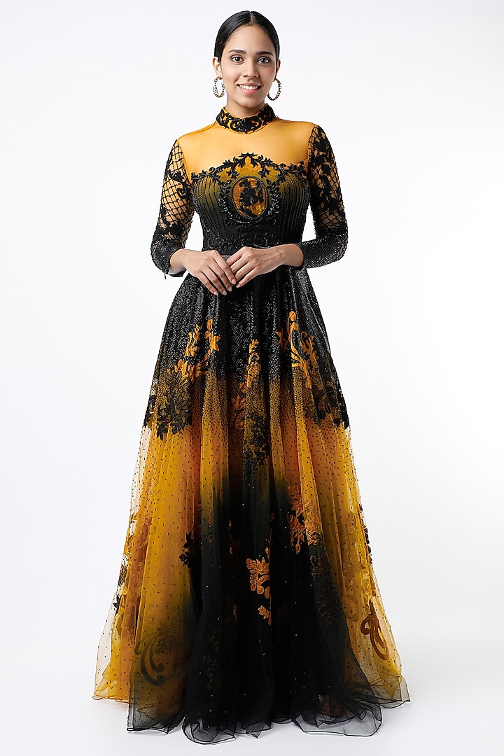 Black and Ochre Applique Embroidered Gown by Kartikeya