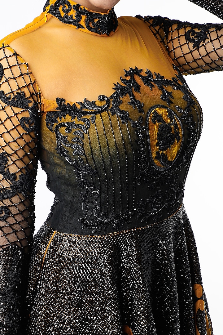 Black and Ochre Applique Embroidered Wedding Gown by Kartikeya at Pernia's Pop Up Shop