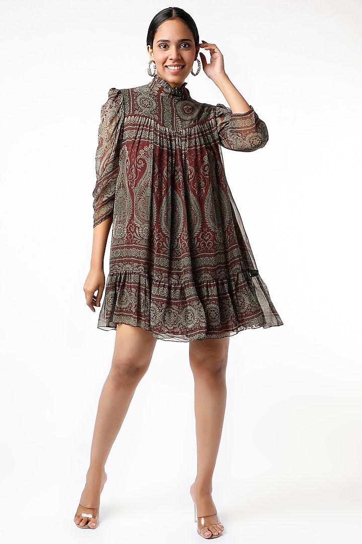 Deep Maroon Digital Printed Mini Dress by Kartikeya