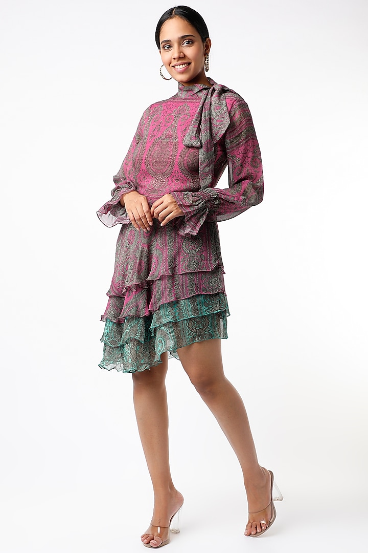 Pink & Turquoise Digital Printed Tiered Dress by Kartikeya