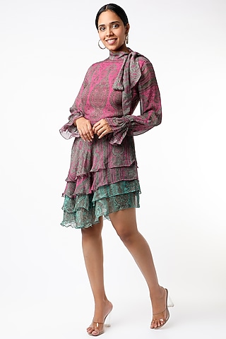 Pink & Turquoise Digital Printed Tiered Dress by Kartikeya