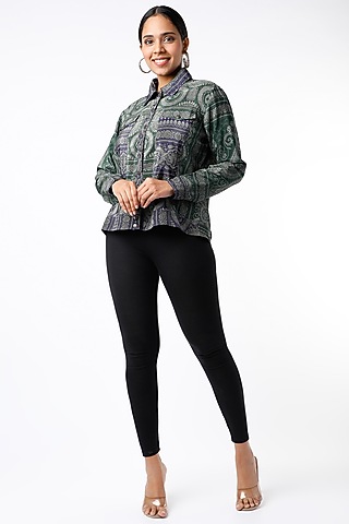 Emerald Green & Purple Digital Printed Asymmetric Jacket by Kartikeya