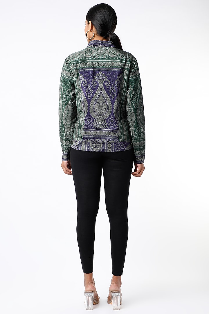Emerald Green & Purple Digital Printed Asymmetric Jacket by Kartikeya at Pernia's Pop Up Shop