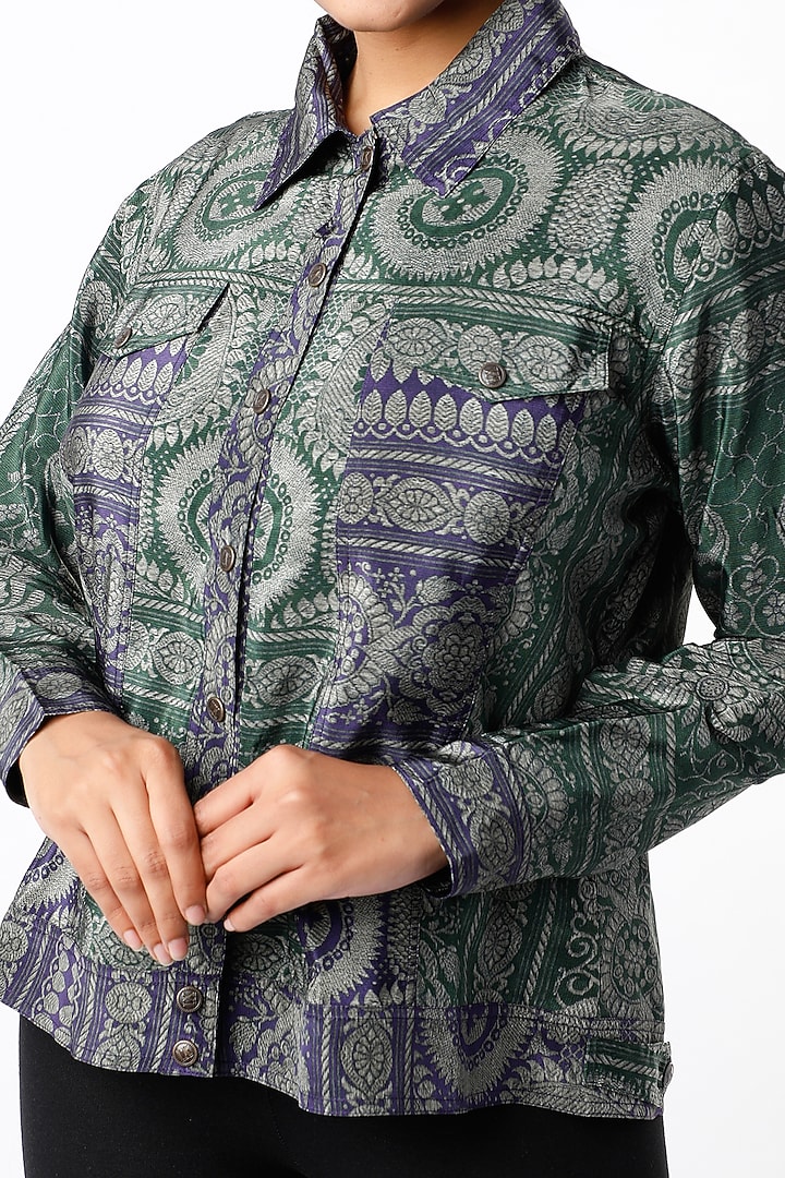 Emerald Green & Purple Digital Printed Asymmetric Jacket by Kartikeya at Pernia's Pop Up Shop