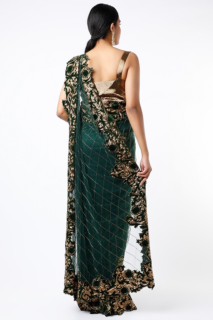 Emerald Green & Gold Zardosi Embroidered Reception Saree Set by Kartikeya at Pernia's Pop Up Shop