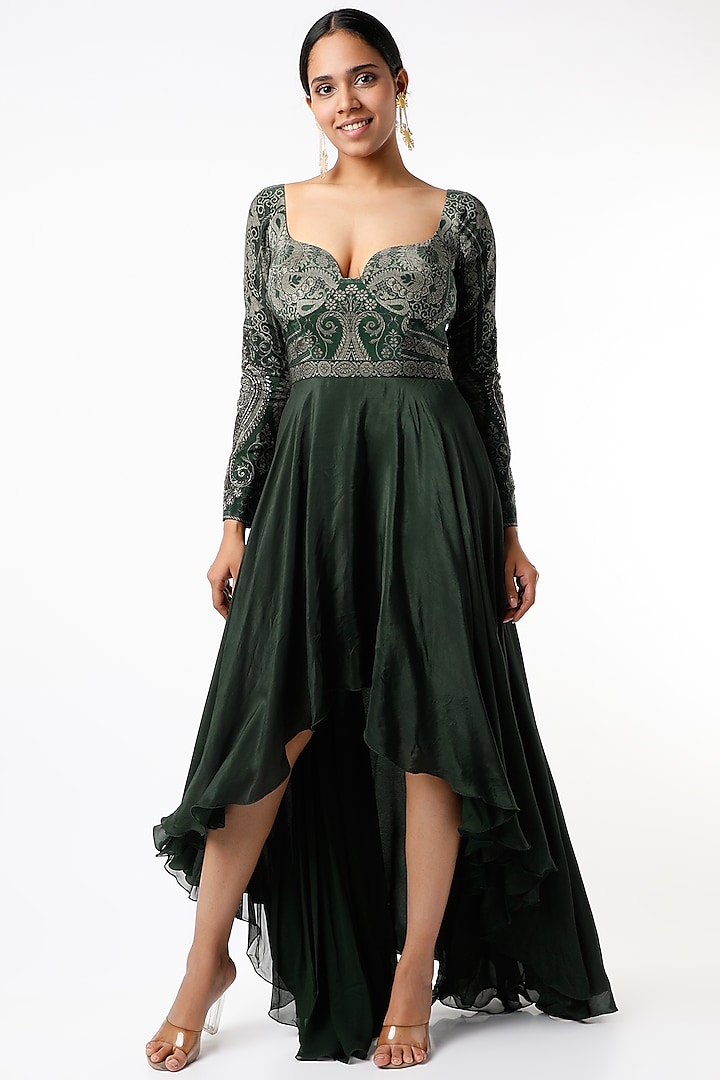 Forest Green Zardosi Embroidered Corset Dress by Kartikeya