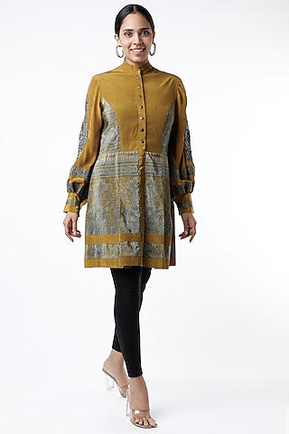 Mustard Zardosi Hand Embroidered Dress by Kartikeya