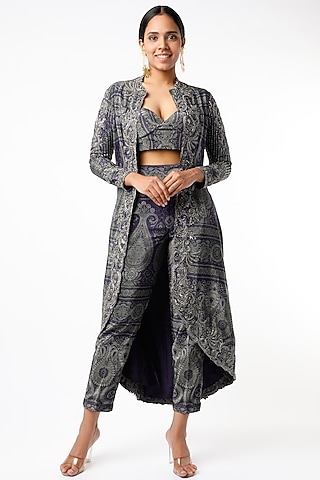 Purple & Silver Zardosi Embroidered Jacket Set by Kartikeya