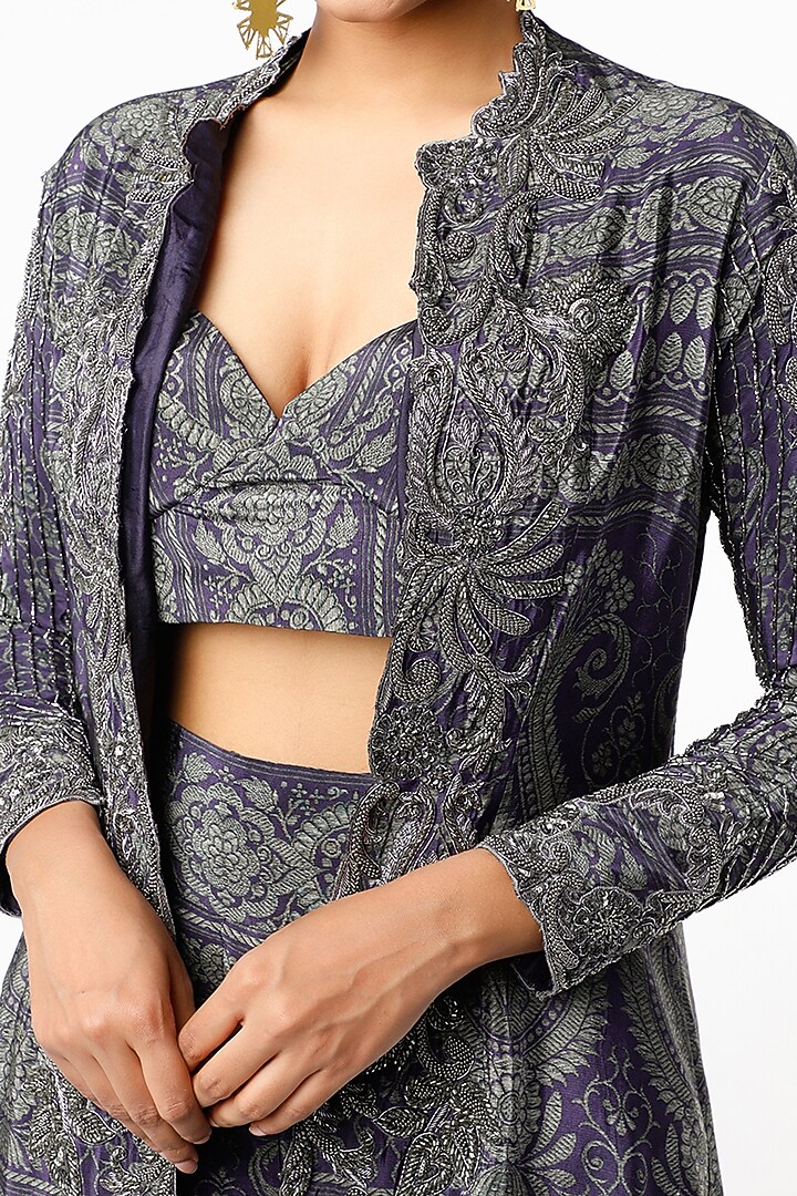 Purple & Silver Zardosi Embroidered Jacket Set by Kartikeya at Pernia's Pop Up Shop