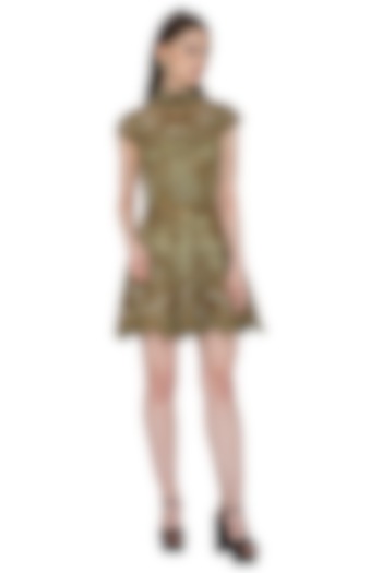 Olive Green Embroidered Dress by Kartikeya