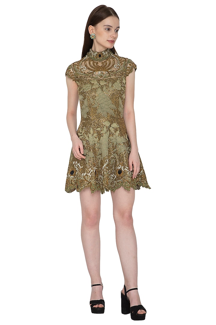 Olive Green Embroidered Dress by Kartikeya