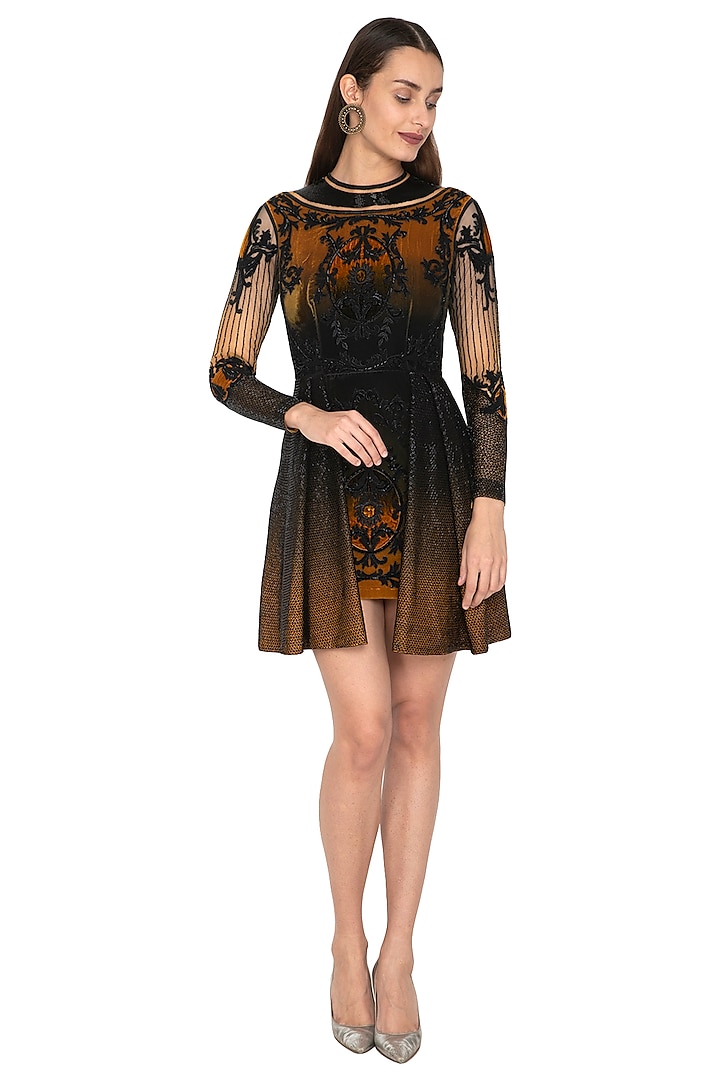 Mustard & Black Embroidered Ombre Dress by Kartikeya