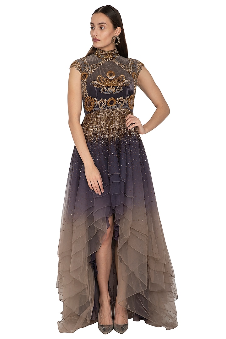 Charcoal Grey Embroidered Shaded Dress by Kartikeya