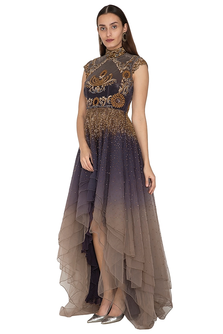 Charcoal Grey Embroidered Shaded Party Wear Dress by Kartikeya at Pernia's Pop Up Shop