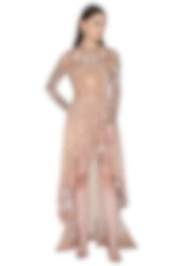 Nude Pink Embroidered Asymmetrical Dress by Kartikeya