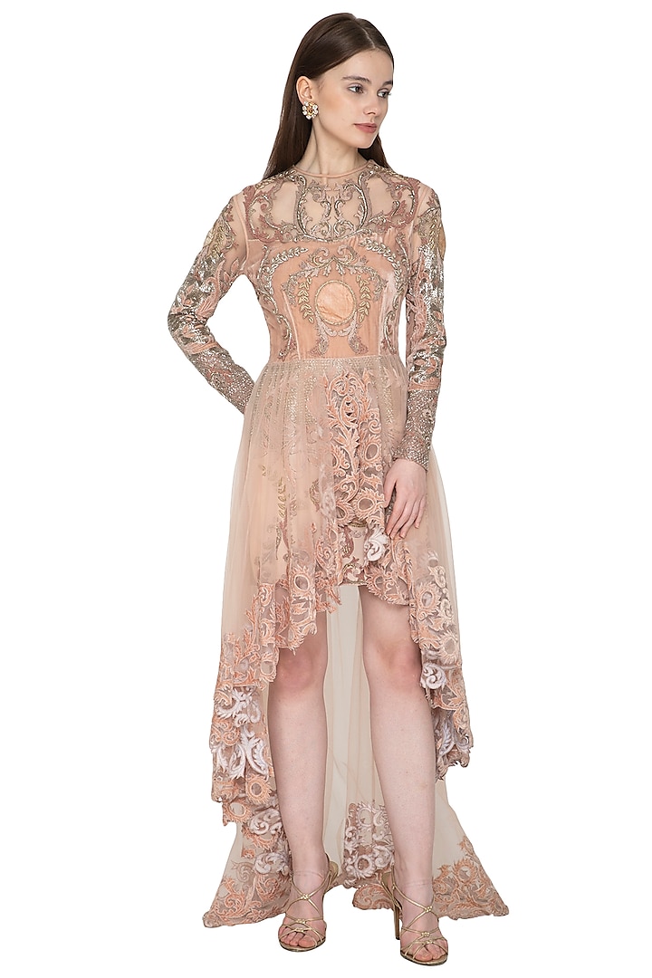 Nude Pink Embroidered Asymmetrical Dress by Kartikeya