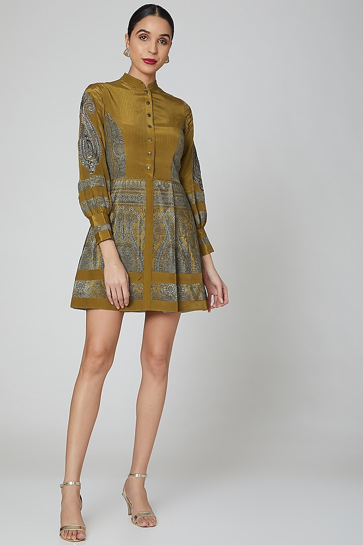 Mustard Printed & Embroidered Dress by Kartikeya