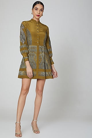 Mustard Printed & Embroidered Dress by Kartikeya