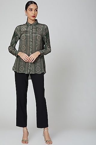 Forest Green Printed Shirt by Kartikeya