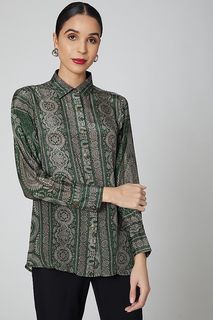 Forest Green Printed Shirt by Kartikeya at Pernia's Pop Up Shop