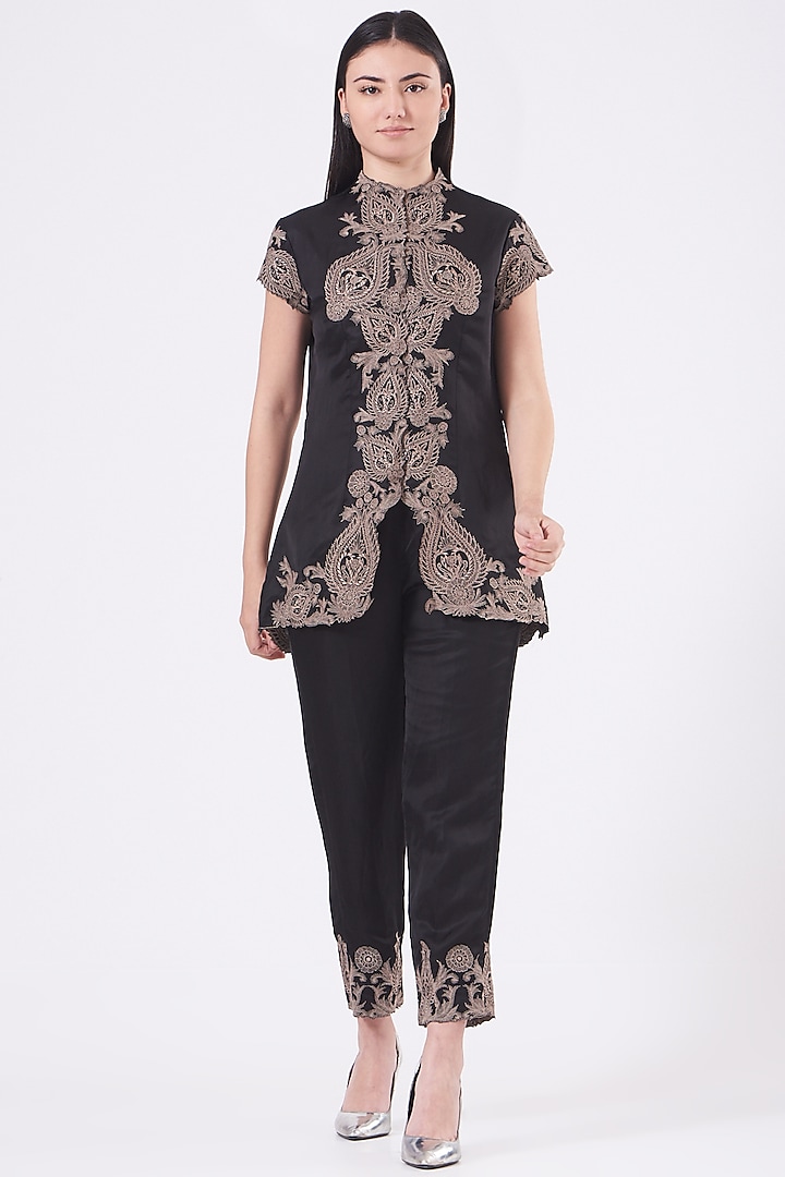 Black Embroidered Edwardian Tunic by Kartikeya